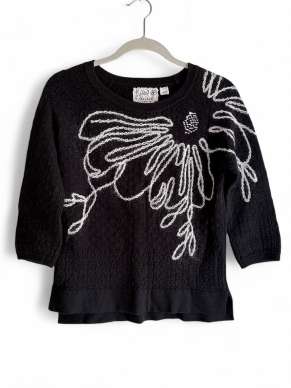 Anthropologie Field Flower Black Cotton Cashmere Embroidered Floral Sweater